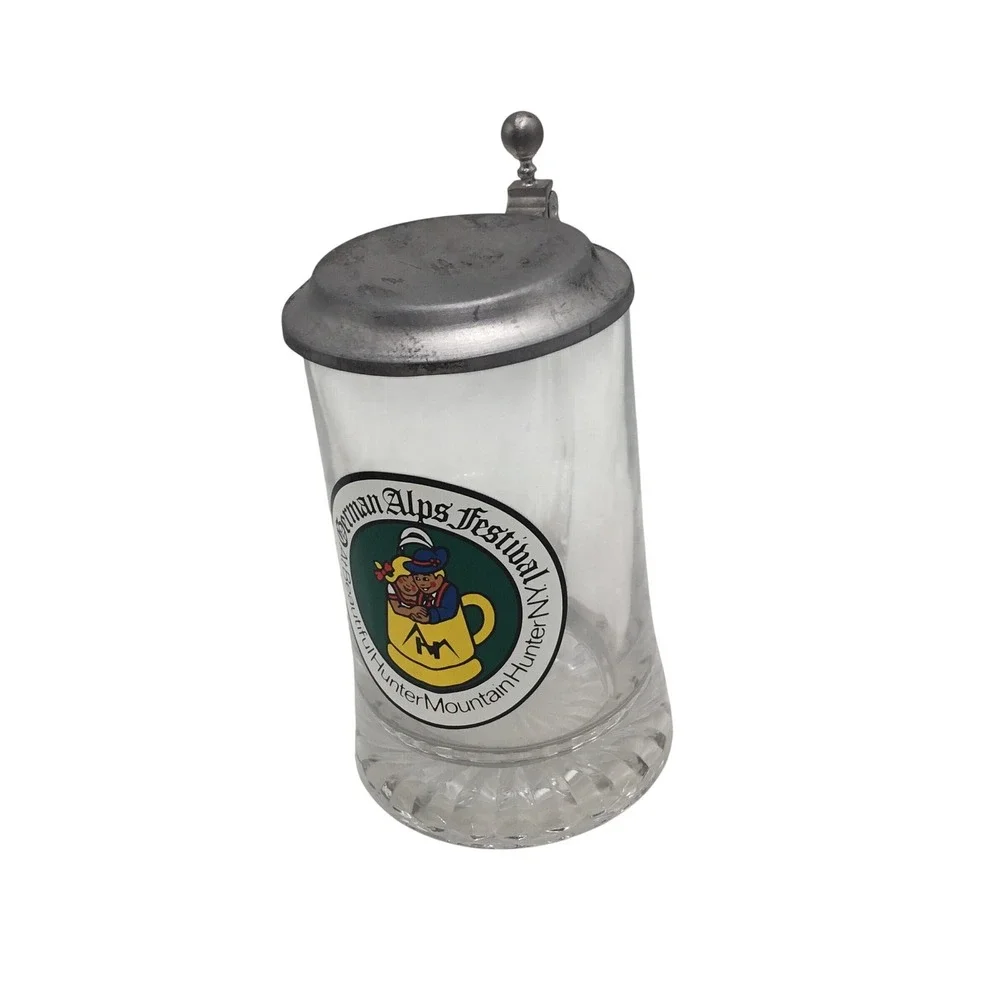 German Alps Festival Hunter Mountain NY Glass Beer Stein with Pewter Lid